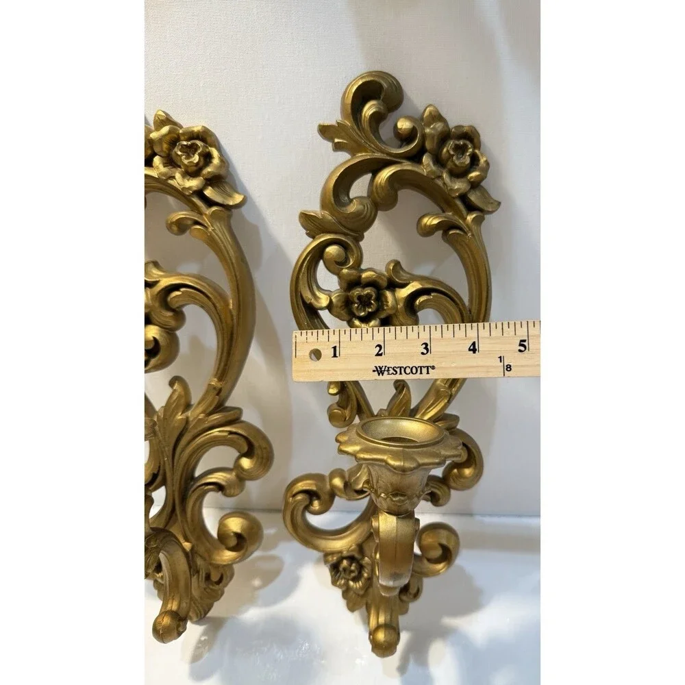 Vintage 1971 Homco Ornate Floral Scroll Wall Sconces Candle Holders Hollywood